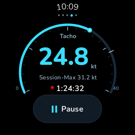 WAVOA auf einer runden Wear OS-Uhr mit Live-Tacho und Pause-Taste