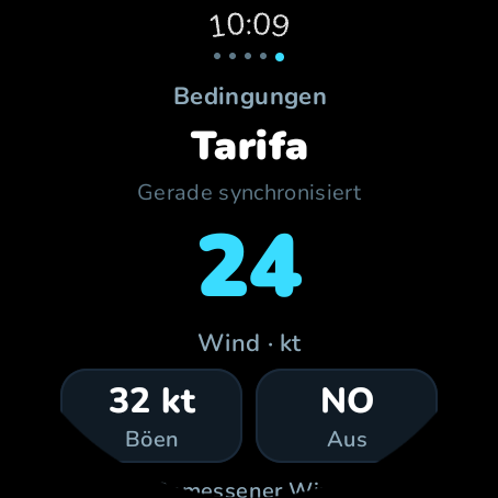 WAVOA auf einer runden Wear OS-Uhr mit zuletzt synchronisiertem Wind und Böen in Tarifa