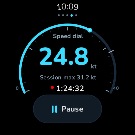 WAVOA on a round Wear OS watch showing the live speed dial and Pause control