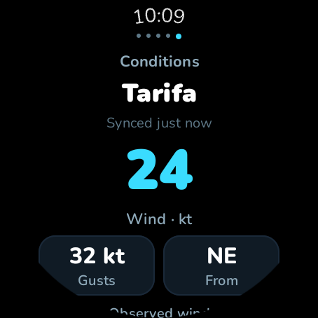 WAVOA on a round Wear OS watch showing the last synced wind and gusts at Tarifa