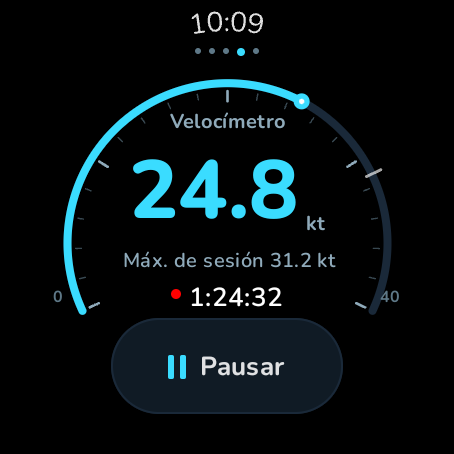 WAVOA en un reloj Wear OS redondo con velocímetro en directo y botón de pausa