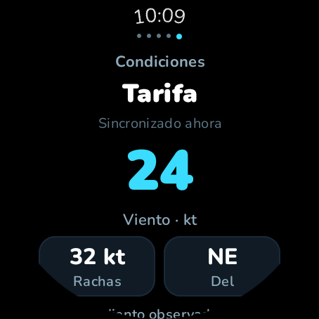 WAVOA en un reloj Wear OS redondo con el último viento y las rachas sincronizados en Tarifa